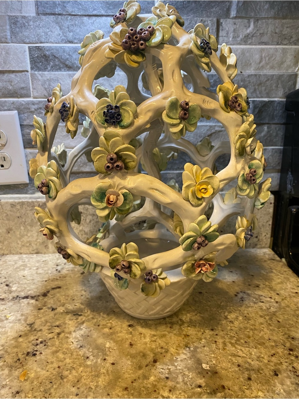 Handcrafted Ceramic Floral Sculpture Vase - White with Green Accents Italy